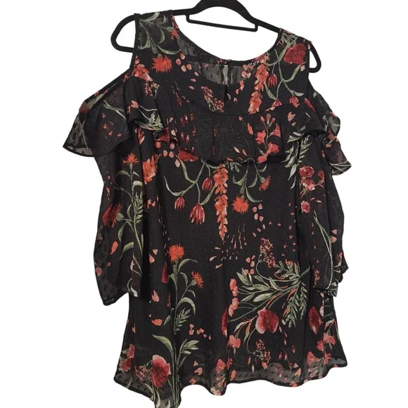 Roz & Ali Cold Shoulder Black Blouse with Peach / Coral Floral Accents 3X NWOT - Picture 2 of 8